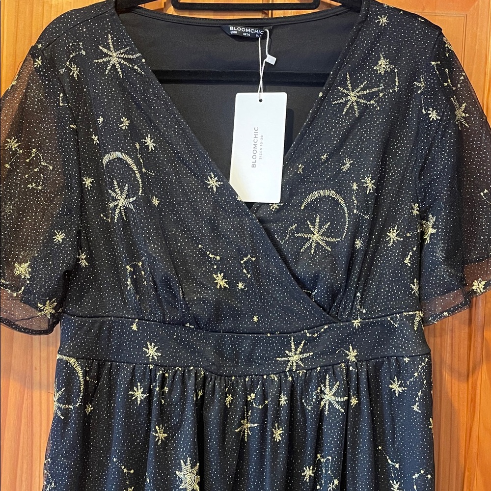 BloomChic Black Midi Dress with Gold Star Print - Picture 3 of 10